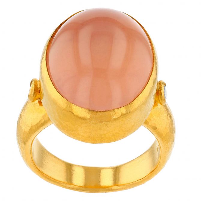 Gurhan Oval Cabochon Rose Quartz Bezel Set Ring in Yellow Gold with Diamond Accents