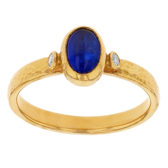 Gurhan Oval Blue Kyanite Cabochon & Diamond Bezel Set Ring in 24K Yellow Gold