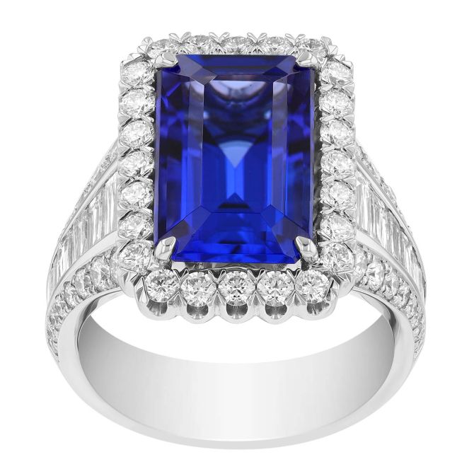 Emerald Cut Tanzanite & Multi-Shape Diamond Ring in Platinum