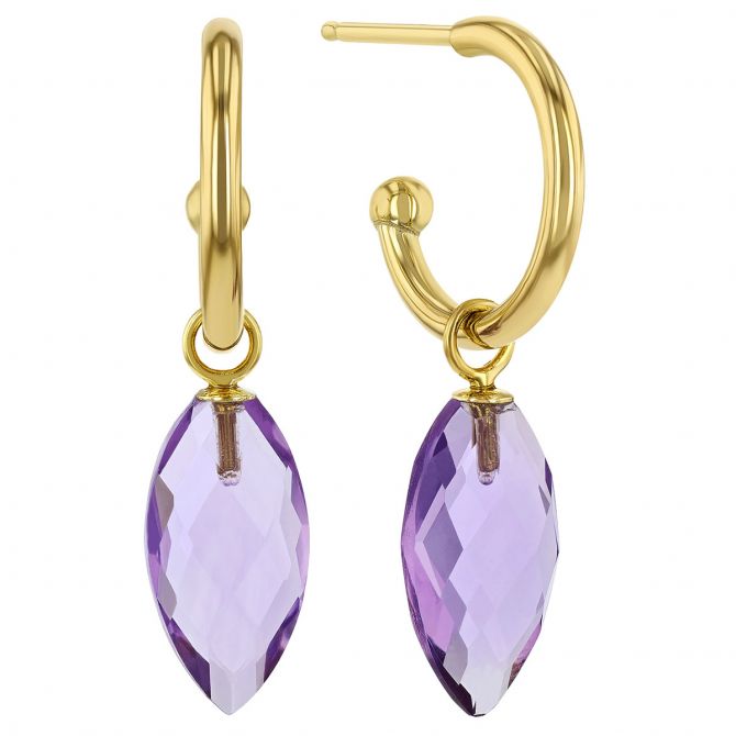 Amethyst Briolette Dangle Hoop Earrings in Yellow Gold