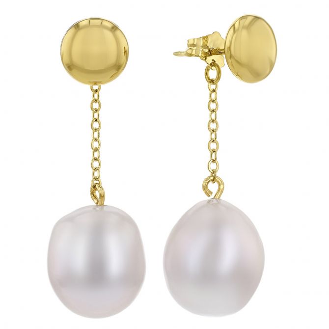 Cultured Pearl & Button Stud Dangle Earrings in Yellow Gold