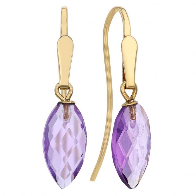 Amethyst Briolette Dangle Earrings in Yellow Gold