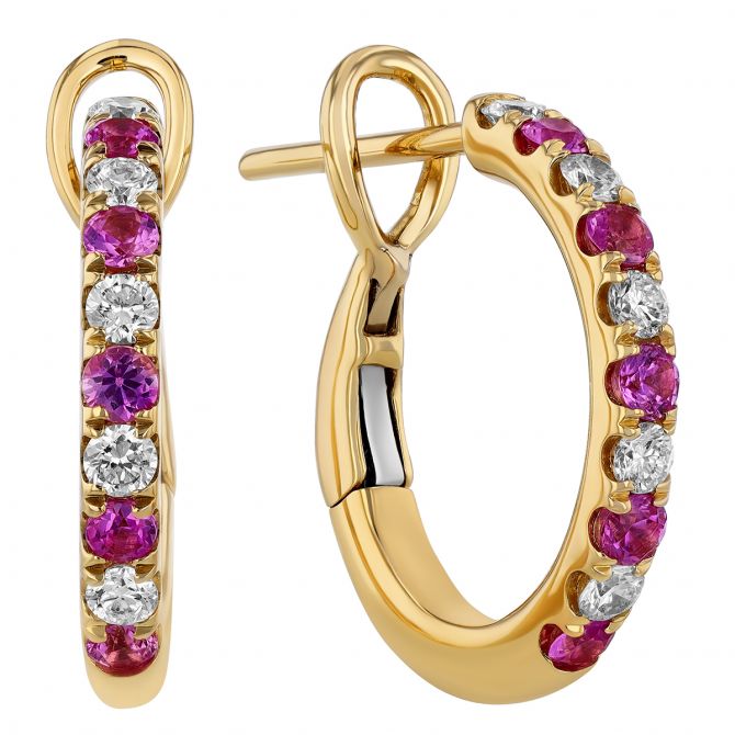 Frederic Sage Pink Sapphire & Diamond Alternating Huggie Hoop Earrings in Yellow Gold