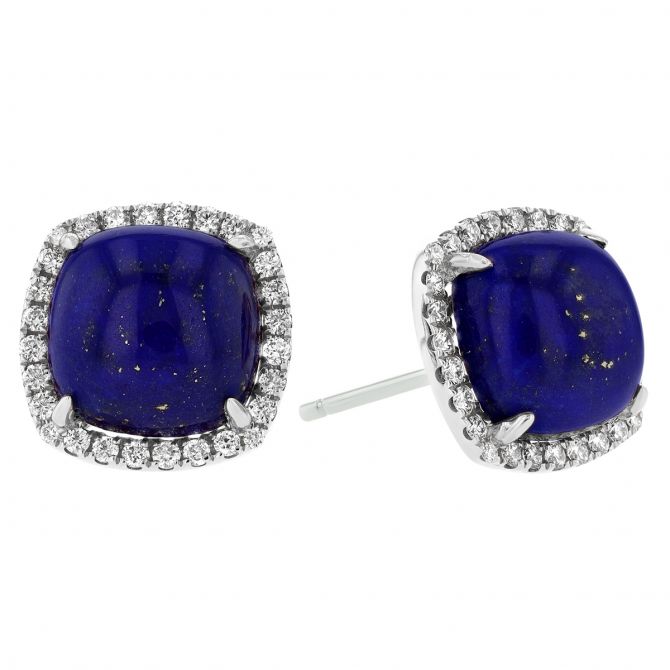 Frederic Sage Cushion Cabochon Lapis Lazuli & Diamond Halo Stud Earrings in White Gold