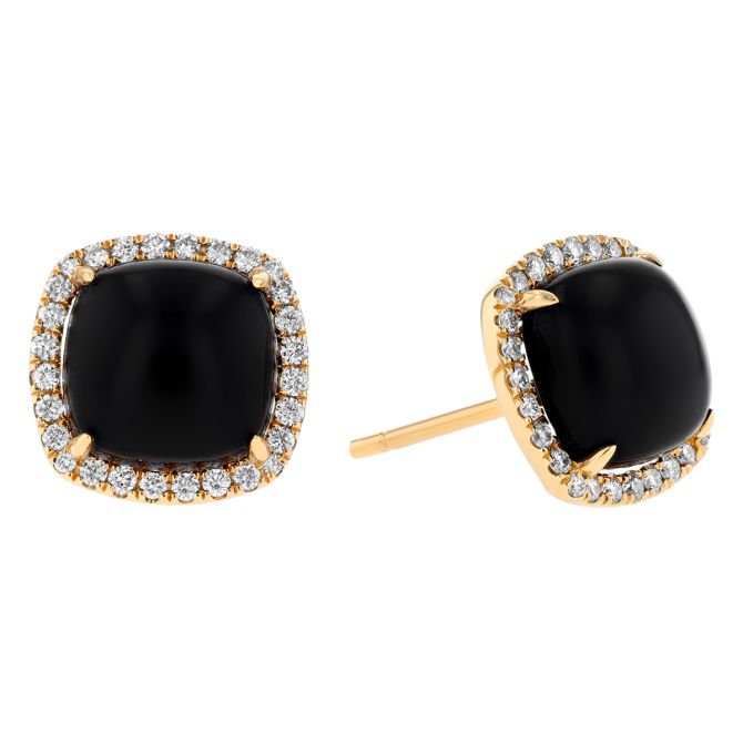 Frederic Sage Cushion Cabochon Black Onyx Chalcedony & Diamond Halo Stud Earrings in Yellow Gold