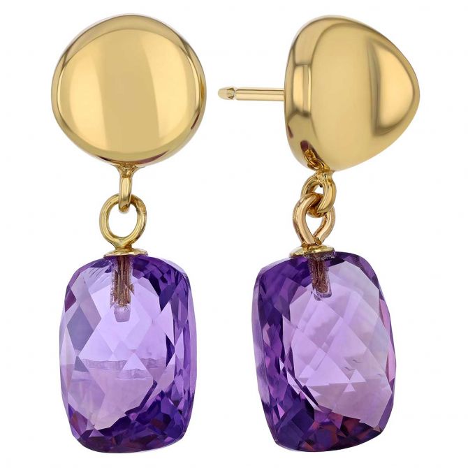 Cushion Amethyst Briolette Drop Earrings in Yellow Gold