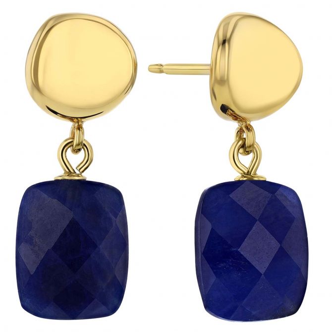 Cushion Checkerboard Sapphire Dangle Earrings in Yellow Gold