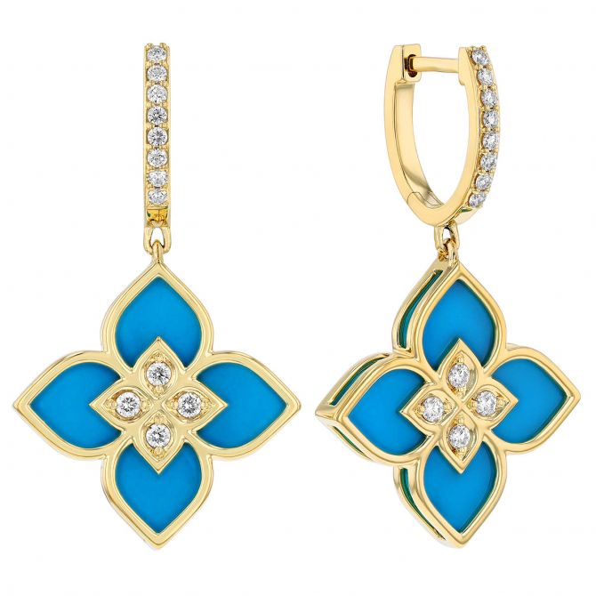 Roberto Coin Venetian Princess Turquoise & Diamond Flower Dangle Hoop Earrings in Yellow Gold