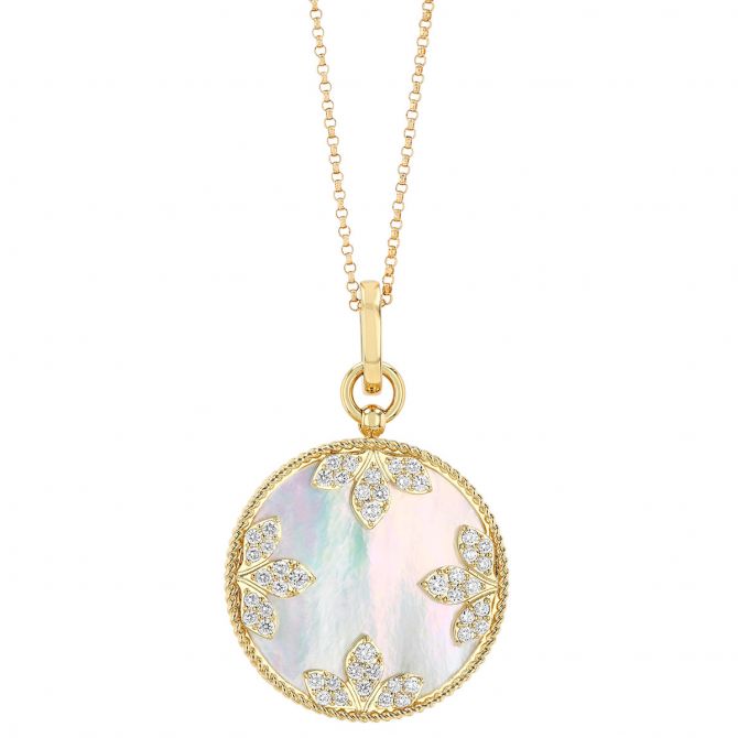 Roberto Coin Mother of Pearl & Diamond Flower Pattern Pendant in Yellow Gold, 18"