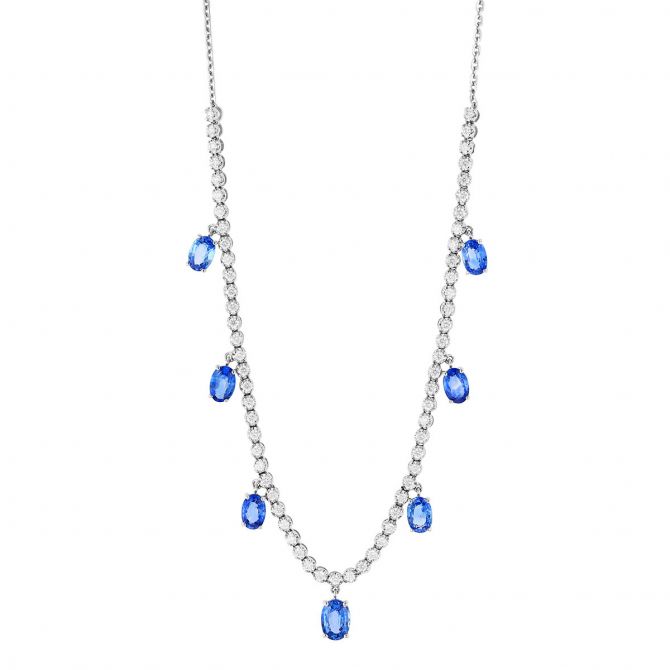 Oval Sapphire Drop Station & Diamond Necklace in White Gold, 16"