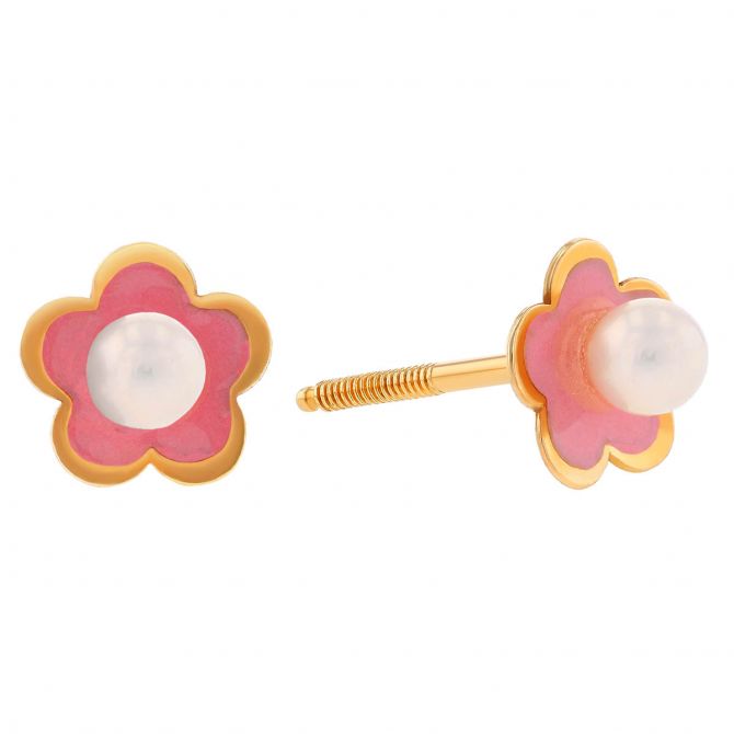 Children's Cultured Pearl & Pink Enamel Flower Earrings in Yellow Gold