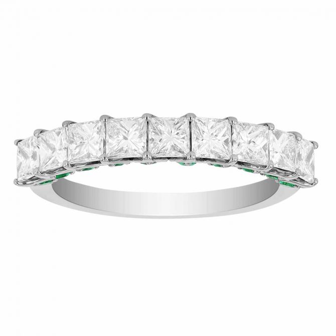 Princess Cut Diamond & Round Emerald Ring in White Gold