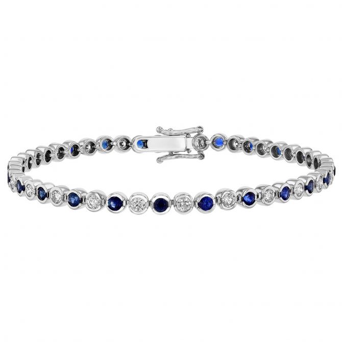 Bezel Set Sapphire & Diamond Alternating Tennis Bracelet in White Gold, 7"