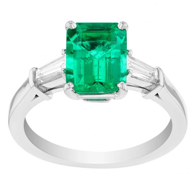 Oscar Heyman Emerald Cut Emerald & Tapered Baguette Diamond Side Stone Ring in Platinum