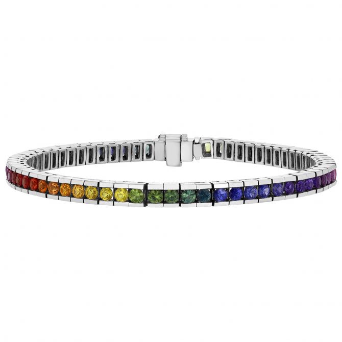 Round Multicolored Rainbow Sapphire Channel Set Tennis Bracelet in White Gold, 7"