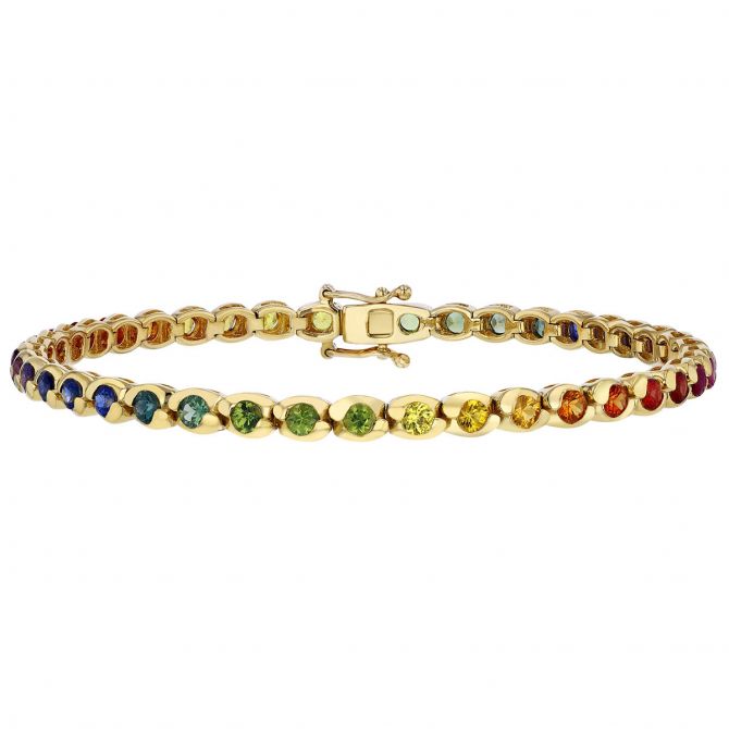 Round Multicolored Rainbow Sapphire Swirl Bezel Tennis Bracelet in Yellow Gold, 7"