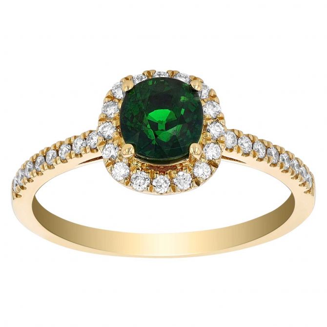 Oval Tsavorite Garnet & Diamond Halo Ring in Yellow Gold