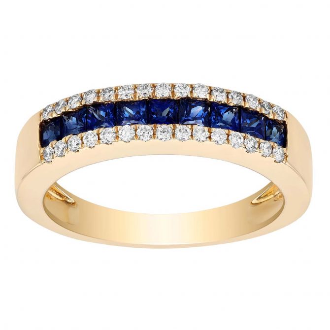 Princess Cut Sapphire & Diamond Channel Set Ring in Yellow Gold