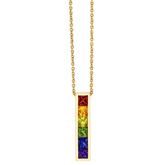 Princess Cut Multicolored Sapphire Channel Set Pendant in Yellow Gold