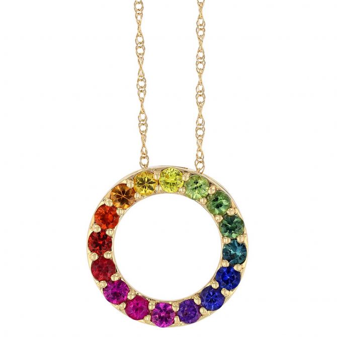 Multicolored Sapphire Open Circle Pendant in Yellow Gold