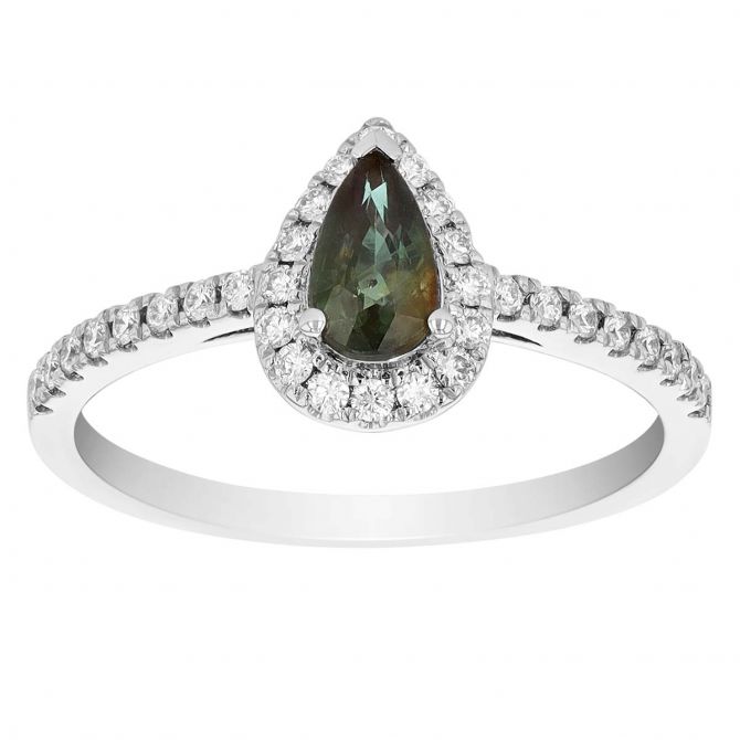 Pear Shaped Alexandrite & Diamond Halo Ring in White Gold