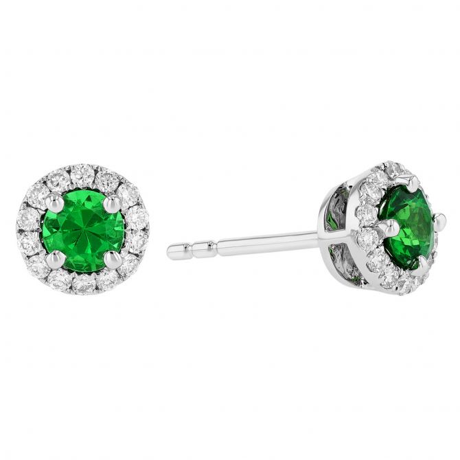 Round Tsavorite Garnet & Diamond Halo Stud Earrings in White Gold