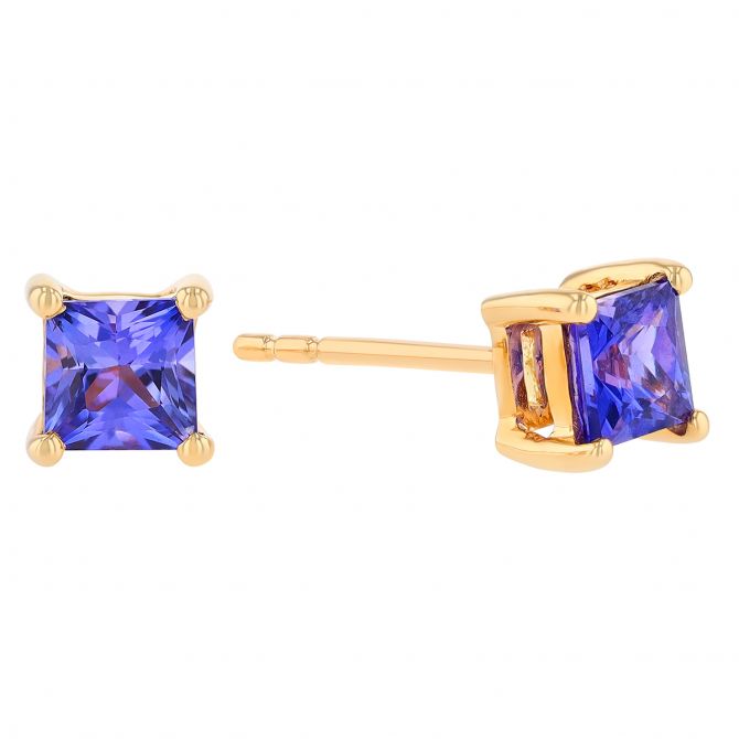 Princess Cut Purple Sapphire Stud Earrings in Yellow Gold