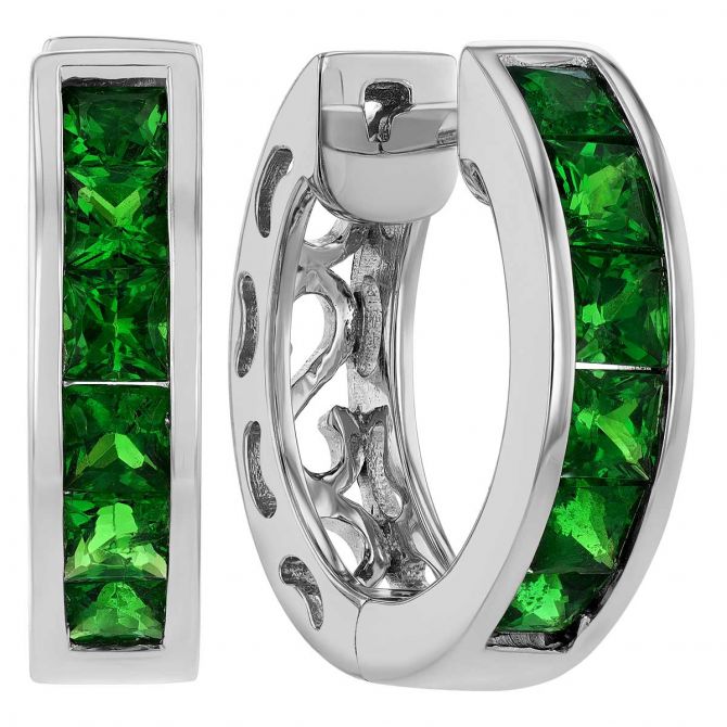 Princess Cut Tsavorite Garnet Channel Set Hoop Earrings in White Gold