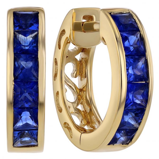 Princess Cut Sapphire Channel Set Hoop Earrings in Yellow Gold