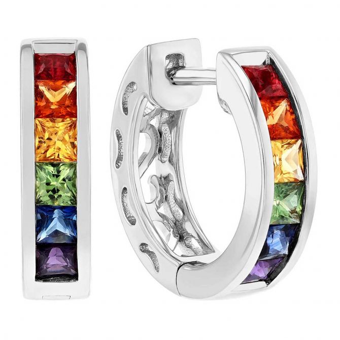 Multicolored Princess Cut Sapphire Channel Set Hoop Earrings in White Gold, 1.41 tw