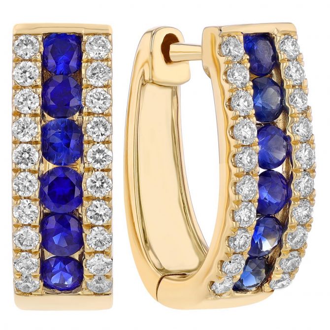 Round Sapphire & Diamond Channel Set Oval Hoop Earrings in Yellow Gold, 0.83 tw