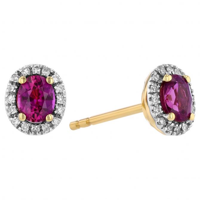 Oval Pink Sapphire & Diamond Halo Stud Earrings in Yellow Gold