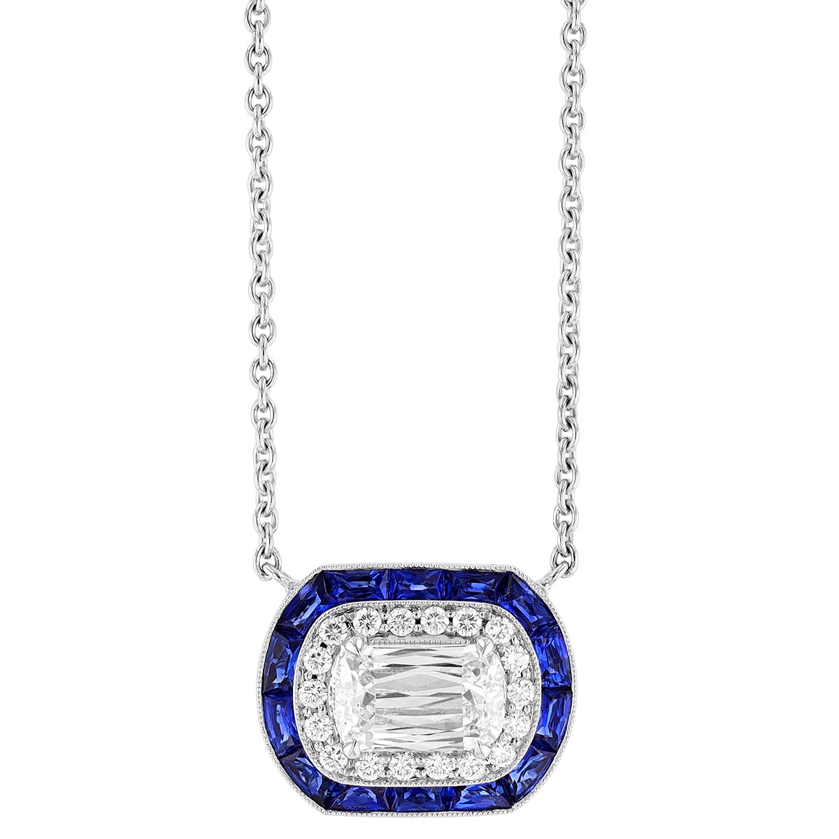 Kwiat Ashoka Diamond with Diamond & Sapphire Halo Pendant in White Gold ...