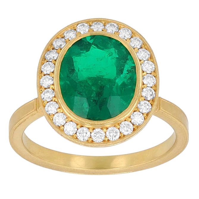 18KYG Emerald/Diamond Halo Ring