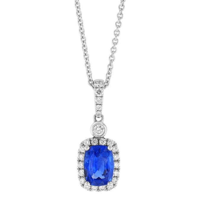 Cushion Sapphire & Diamond Halo Pendant in White Gold, 18"