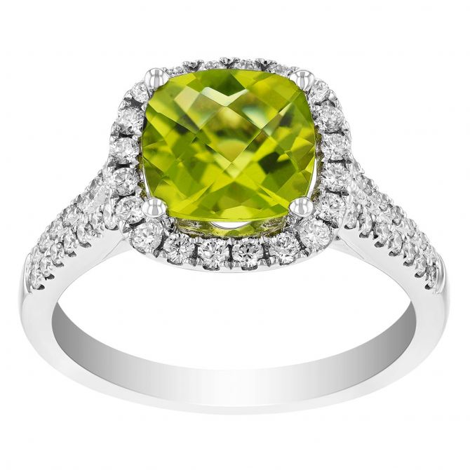 Cushion Checkerboard Peridot & Diamond Halo Ring in White Gold