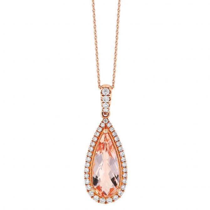 Pear Shaped Checkerboard  Morganite & Diamond Halo Pendant in Rose Gold