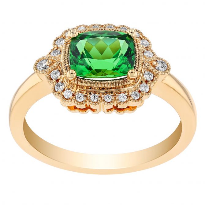 Cushion Cut Tsavorite Garnet & Diamond Ornate Halo Ring in Yellow Gold