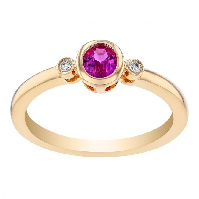 Bezel Set Oval Pink Sapphire & Diamond Side Stone Ring in Yellow Gold