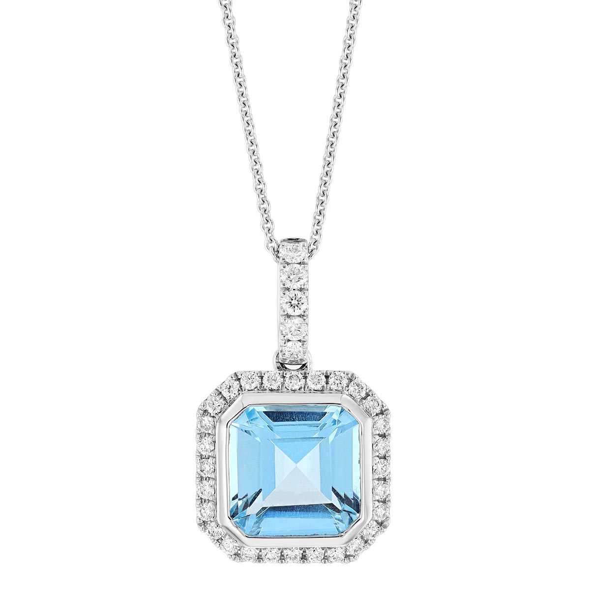 Asscher Cut Aquamarine & Diamond Halo Pendant in White Gold | Borsheims