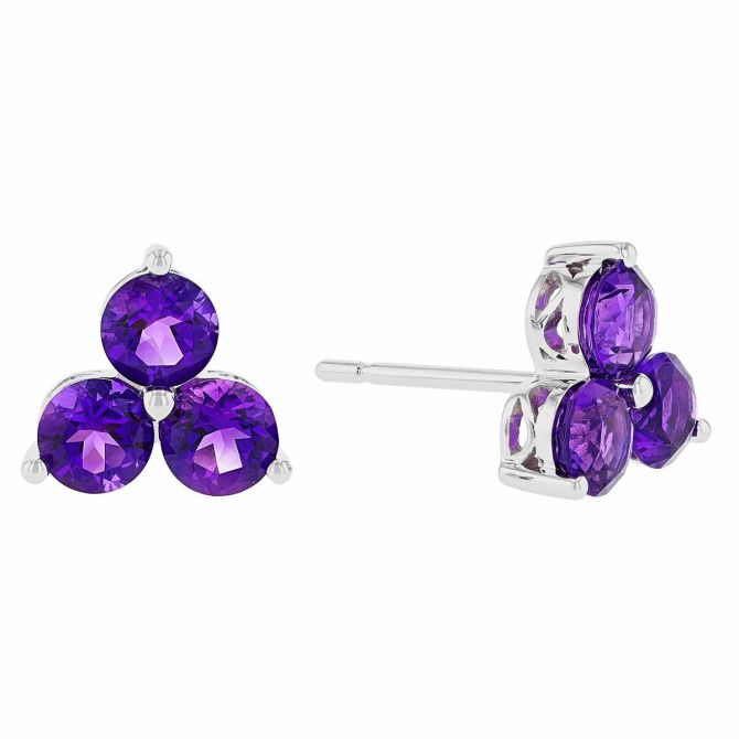 Round Amethyst Trio Stud Earrings in White Gold