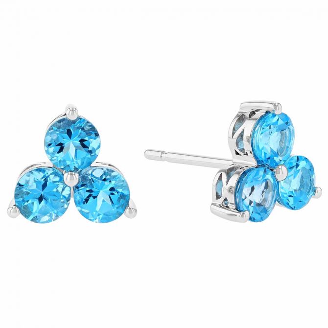 Round Light Blue Topaz Trio Stud Earrings in White Gold