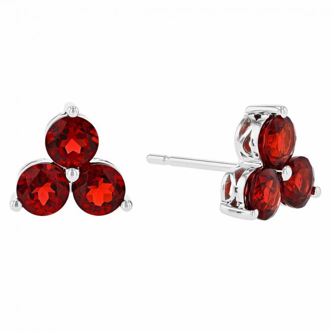 Round Garnet Trio Stud Earrings in White Gold