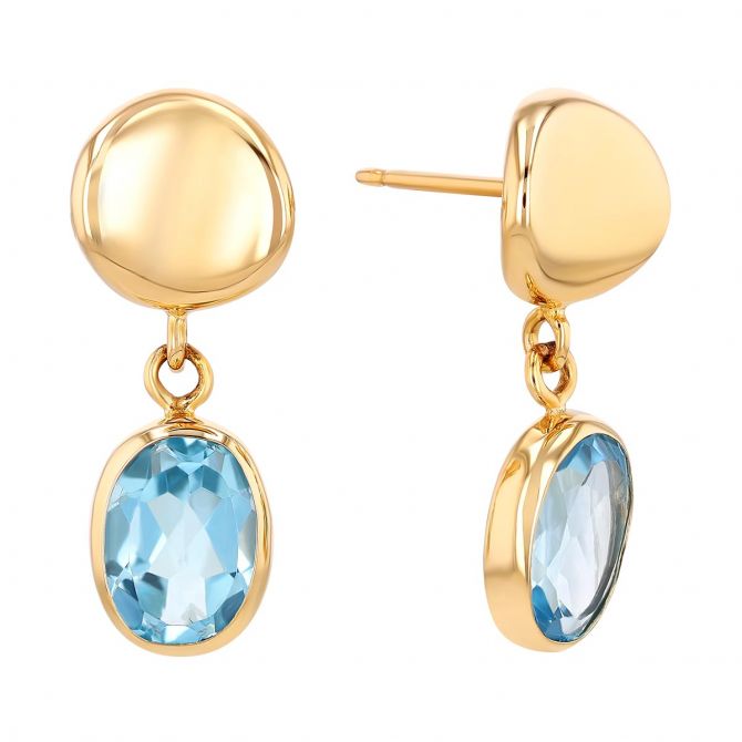 Oval Topaz Bezel Set Dangle Earrings in Yellow Gold