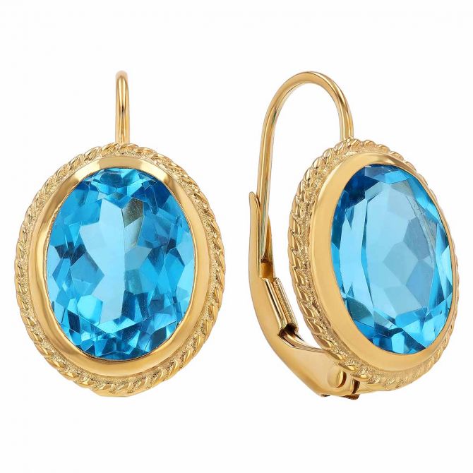 Oval Topaz Bezel Set Drop Earrings in Yellow Gold