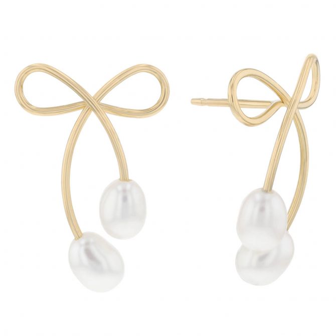 Freshwater Cultured Pearl Bow Drop Earrings in Yellow Gold