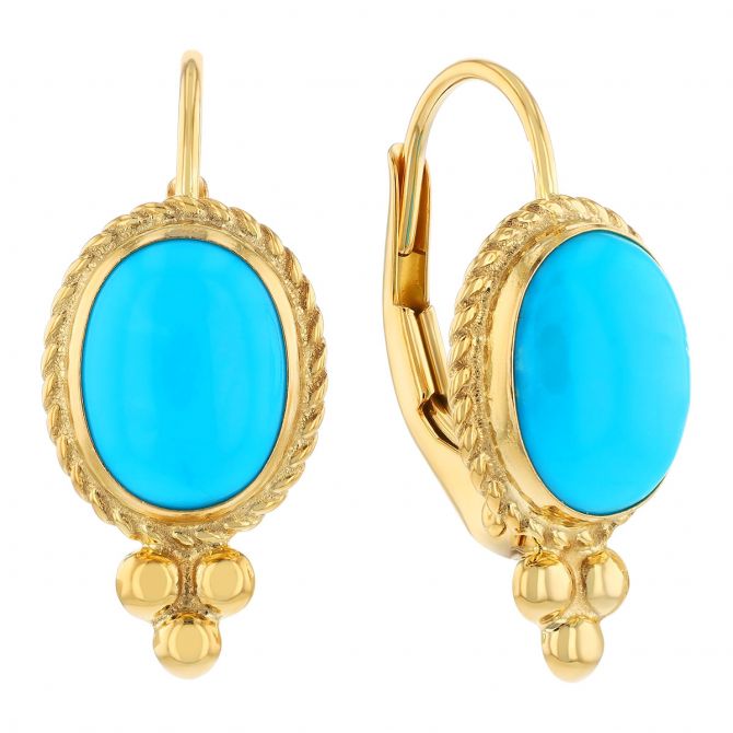 Bezel Set Oval Cabochon Turquoise Drop Earrings in Yellow Gold