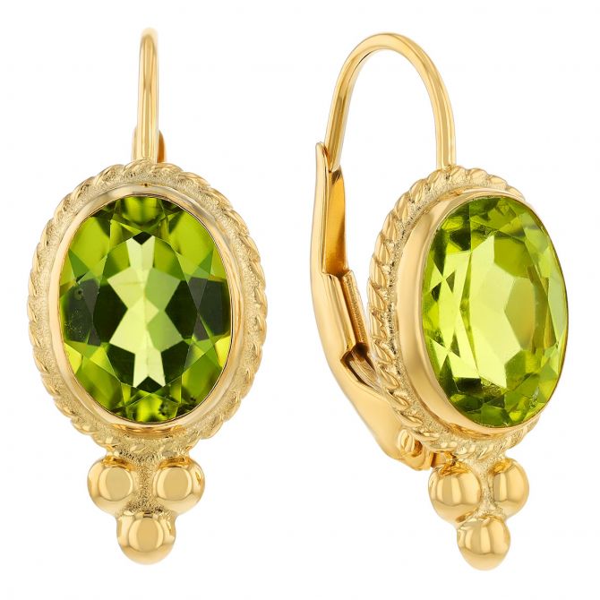 Bezel Set Oval Peridot Drop Earrings in Yellow Gold