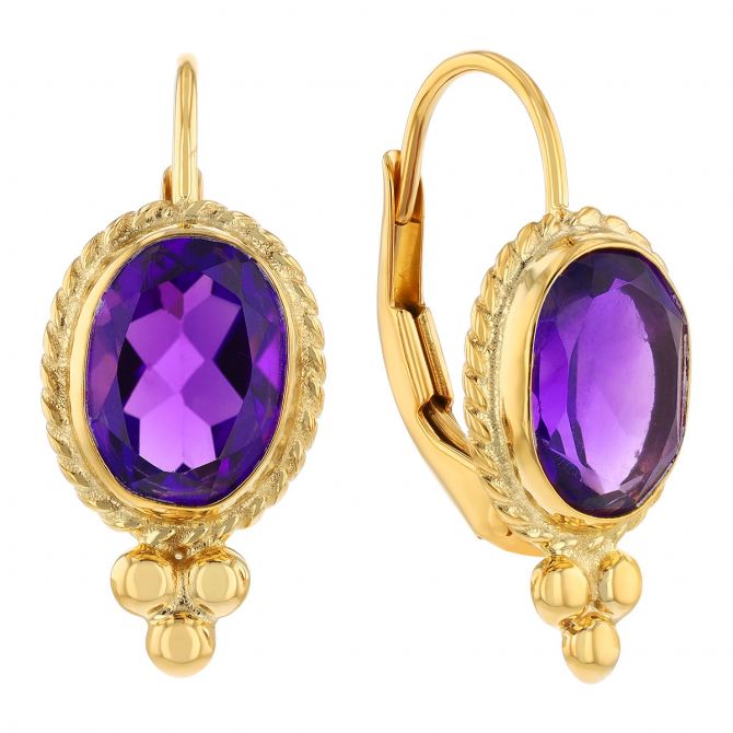 Bezel Set Oval Amethyst Drop Earrings in Yellow Gold