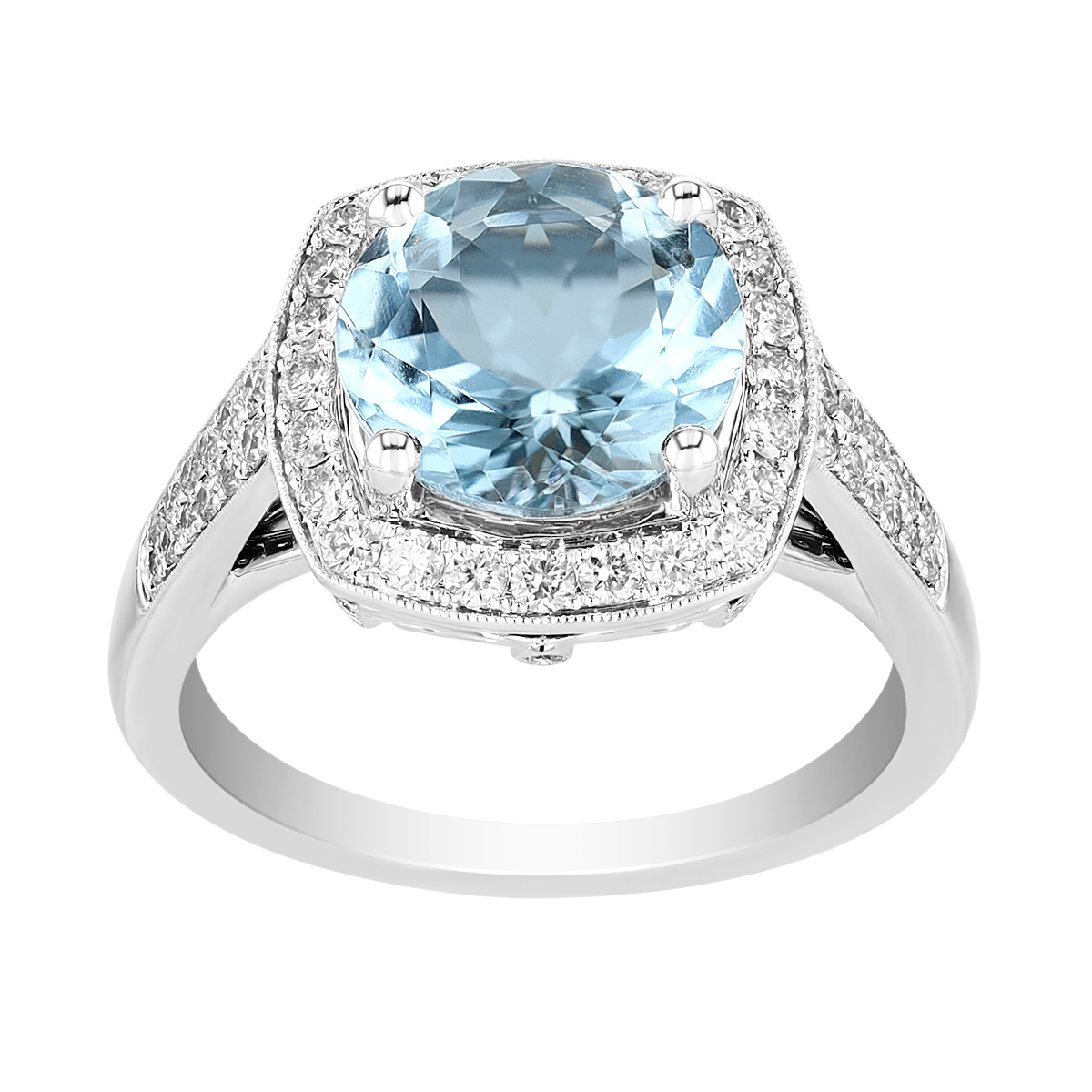 Round Aquamarine & Diamond Square Halo Ring in White Gold | Borsheims